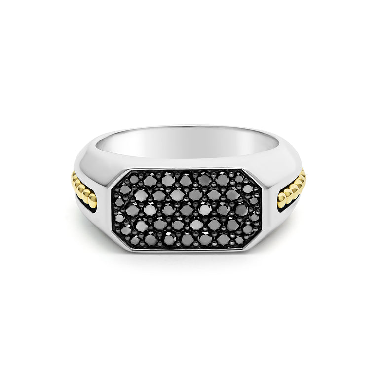 A Sterling Silver & 18K Gold ring in the middle of a white background, featuring black diamonds accented by sterling silver and 18K gold Caviar beading