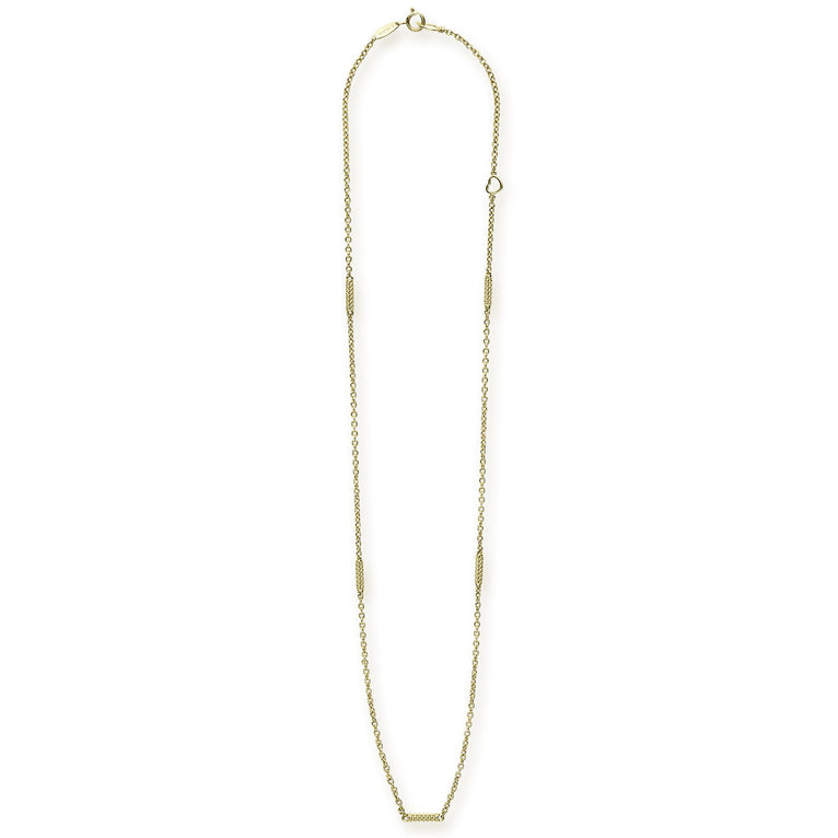 An 18k gold chain necklace featuring caviar-beaded stations on a white background.