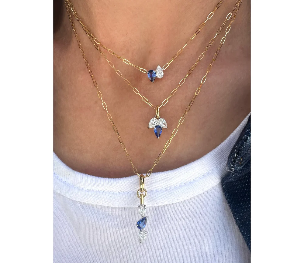 Pear Shape Diamond & Sapphire Triple Drop Necklace