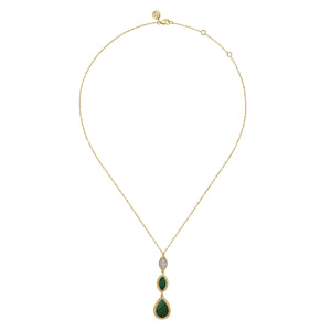 A yellow-gold Malachite Rope Drop Pendant Necklace in the middle of a white background. The necklace features three teardrop designs, malachite gemstones, and rope designs