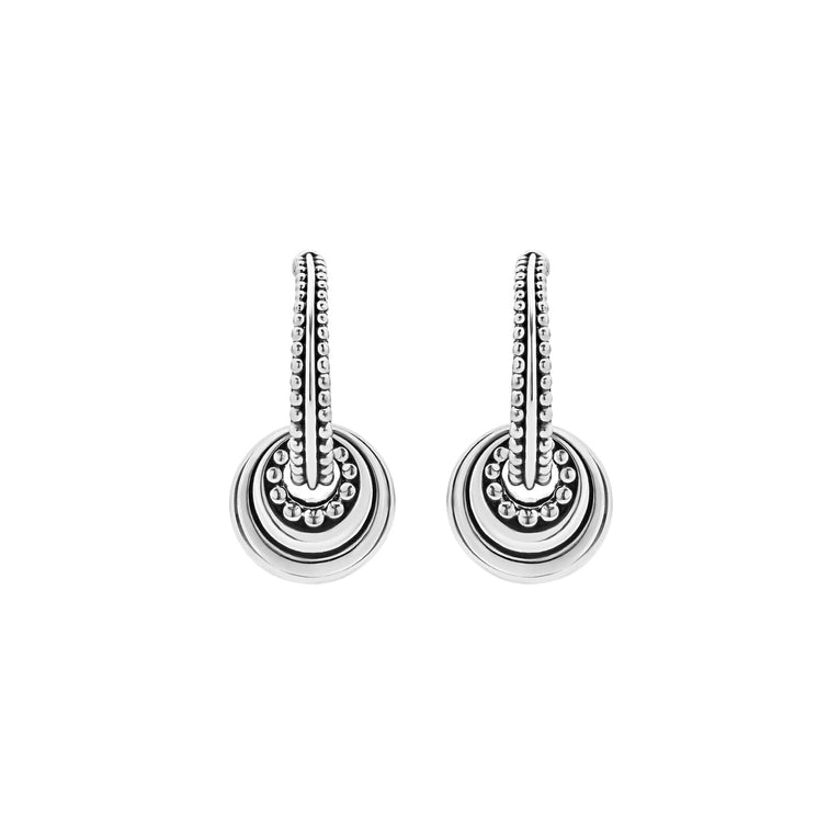 A pair of hoop earrings with a sterling silver fluted hanging charm and caviar beading. The right earring is angled to the side.