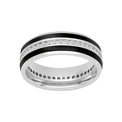 A white-gold ring angled in the middle of a white background features a diamond and black ceramic band.