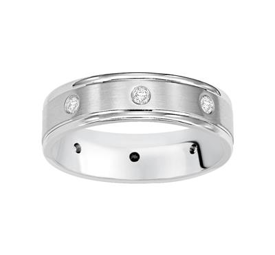 A side profile view of a white gold wedding band against a white background. The ring features 8 set diamonds, a brushed finish, and round edges.