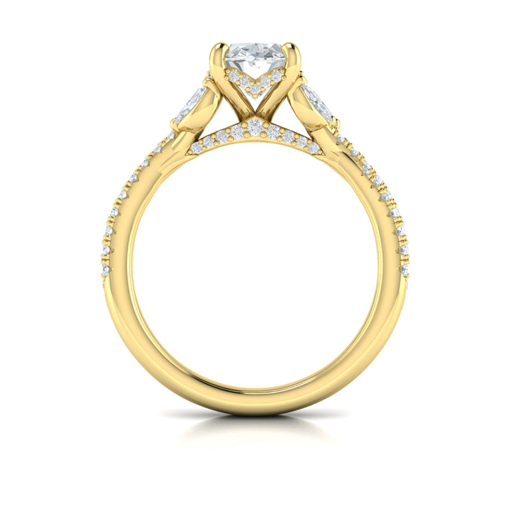 A top view of a yellow gold engagement ring is set against a white background. The engagement ring features a vine-inspired band of intertwining pavé diamonds. Two marquise diamonds rest like leaves, embracing the oval center diamond in a Vlora signature V-shaped setting with a hidden halo and pave details.