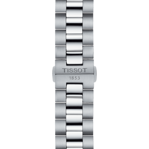 A close-up of the watch's stainless steel bracelet with the Tissot 1853 logo clasp in the middle against a transparent background