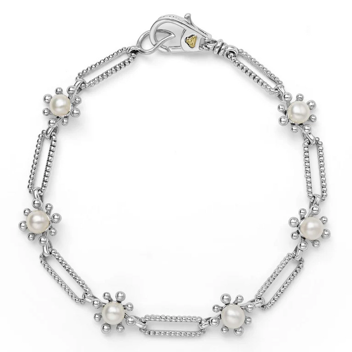Sterling Silver Fleur Pearl Link Bracelet