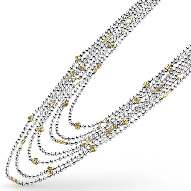 Two-Tone Caviar Five Row Strand Necklace