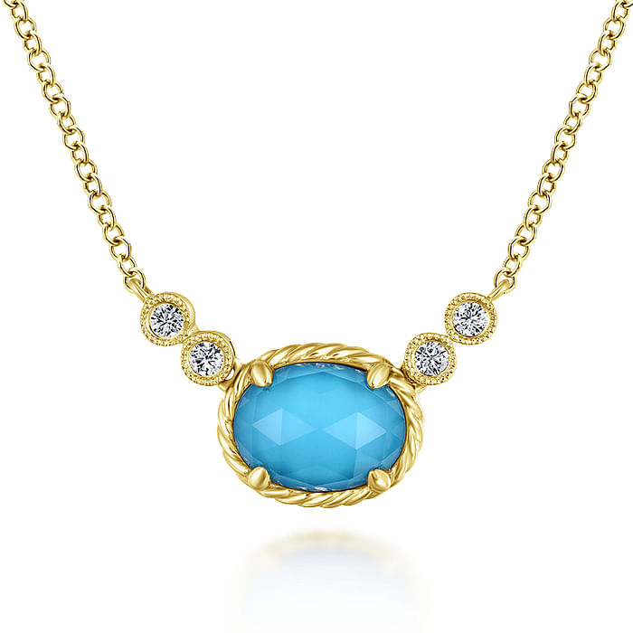 Oval Rock Crystal Turquoise and Diamond Pendant Necklace