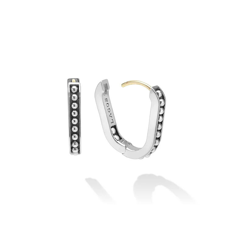 Sterling Silver Caviar Beaded Oval Huggie Earring