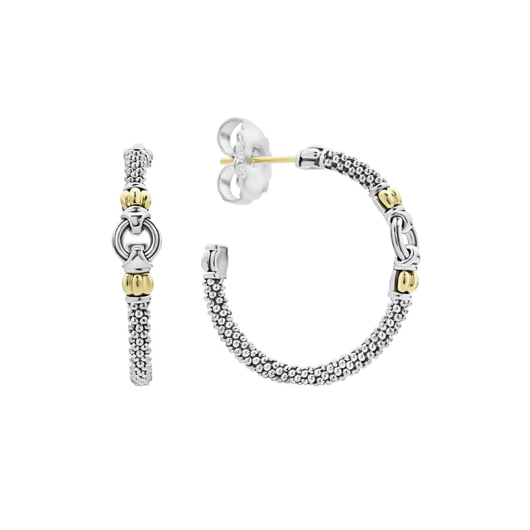 A pair of hoop earrings made from Sterling silver Caviar, with a circle motif and 18K gold accents. The right earring is angled to the side, showing the back.