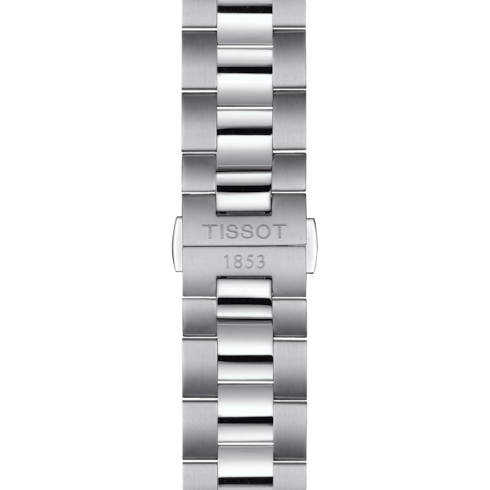 A close-up of a Tissot watch focused on the stainless steel strap and clasp.