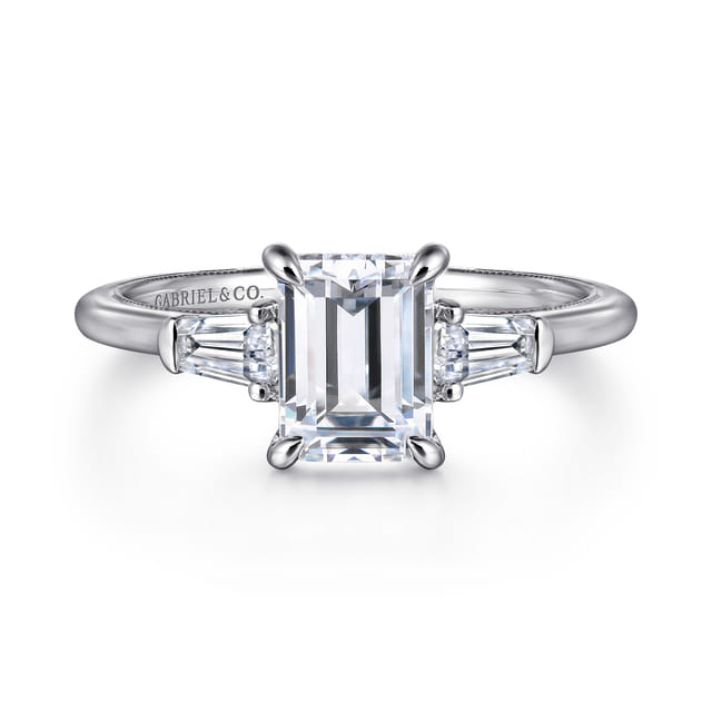 14K White Gold Emerald Cut Three Stone Diamond Engagement Ring