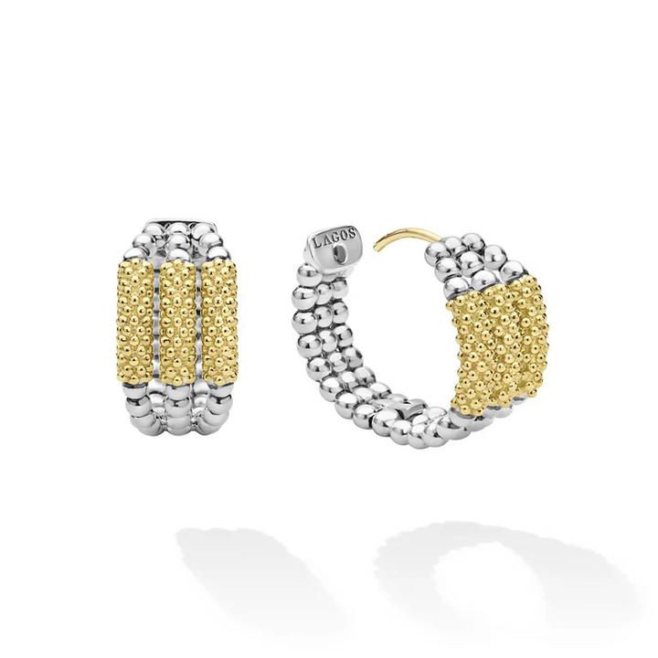 Two-Tone Three Ring Caviar Gold Bar Huggie Earrings