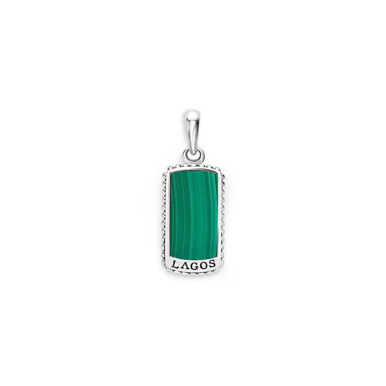 A Malachite Tag Amulet featuring a Malachite gemstone and caviar beading displayed in the middle of a white background 