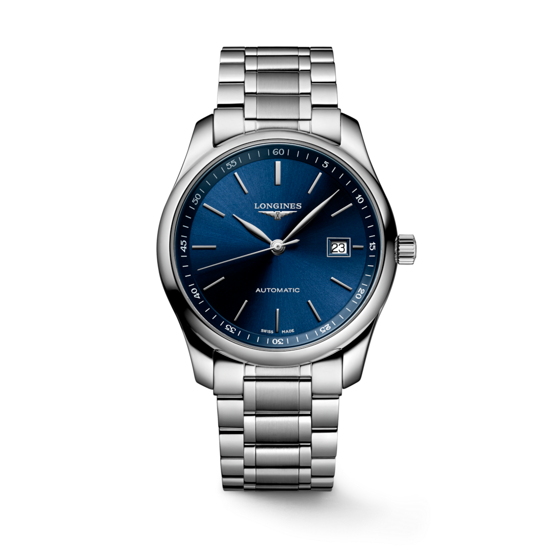 A Longines watch standing straight against a transparent background. The watch features a blue dial, silver hands and markers, a stainless steel bezel, a crown on the right side, and a stainless steel bracelet.