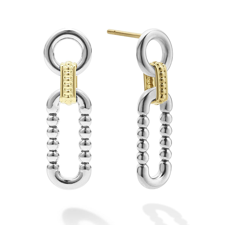 A pair of link drop earrings with Sterling silver and 18k gold variations of Caviar beading and fluting elements. The right earring is angled to the side.