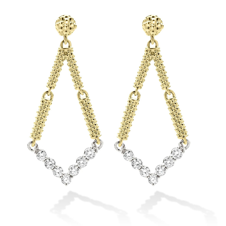 A pair of drop earrings with diamonds set in chevron-shaped motif and superfine caviar beading.