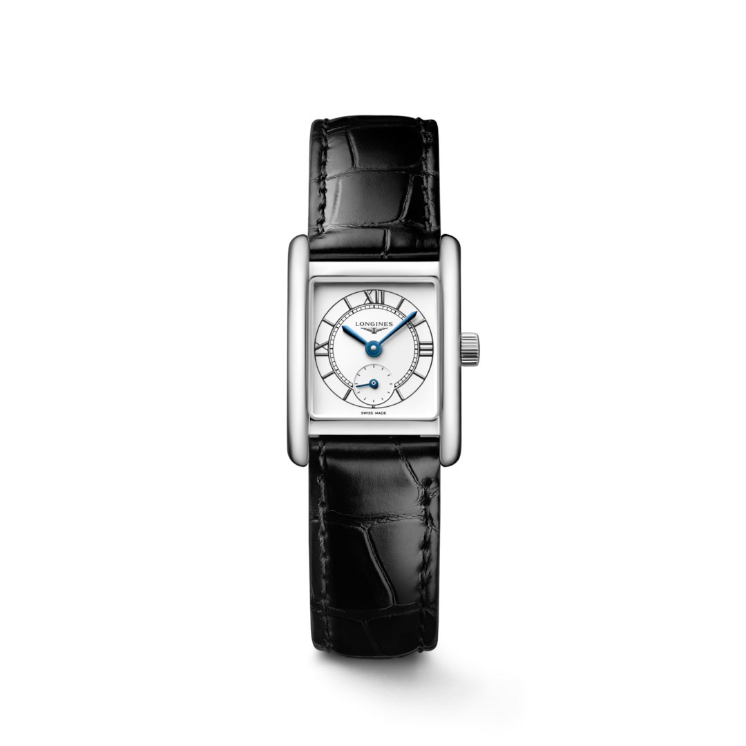 A Longines watch is displayed in the middle on a transparent background. The rectangular-shaped watch features a white dial, blue hands, black markers, a stainless steel bezel, and a black leather strap.