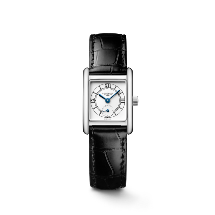 A Longines watch is displayed in the middle on a transparent background. The rectangular-shaped watch features a white dial, blue hands, black markers, a stainless steel bezel, and a black leather strap.