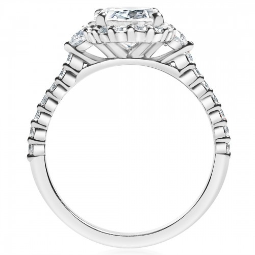 Halo Three Stone Shared Prong Engagement Ring