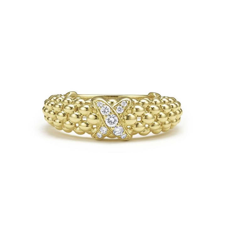 A 18K gold diamond-set x-motif ring with caviar beading