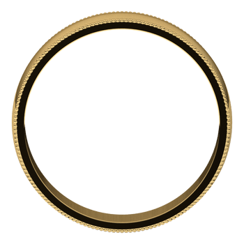 A side-view showing the outside of a yellow-gold ring is displayed in the middle of a transparent background. The ring features a milgrain edge detail.