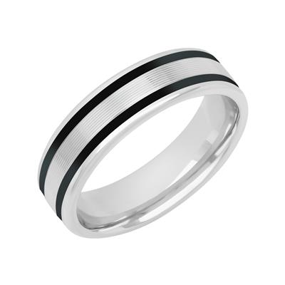 Tilted To The Right, a White Gold Men's Wedding Band is displayed on a white background. The ring features two sleek stripes of black ceramic inlay, a sleek white gold bar in the middle