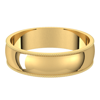 A yellow-gold ring is displayed in the middle of a transparent background. The ring features a milgrain edge detail.