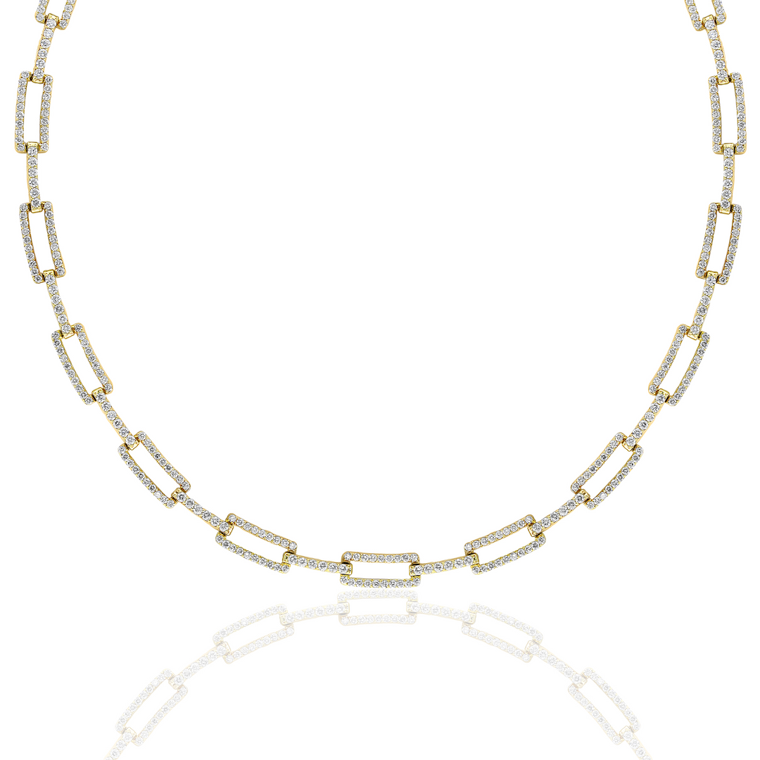 A close-up of a yellow-gold Paperclip Link Collar against a white background. The necklace features 450 diamonds, a paperclip design, and alternating links.