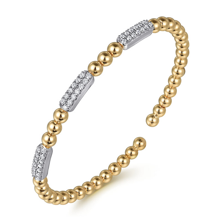 Gabriel & Co Bujukan bracelet with three diamond pavé bar stations in white gold along a beaded yellow gold band.
