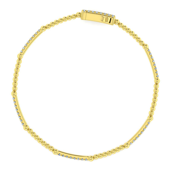 Angled view of the Gabriel & Co Bujukan tennis bracelet showing the diamond stations, gold beads and clasp.