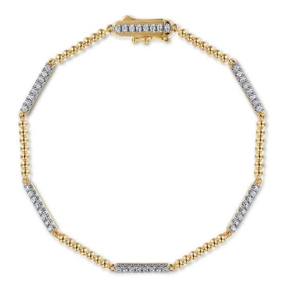 Gabriel & Co Bujukan tennis bracelet with yellow gold beaded links alternating with diamond-set row stations.