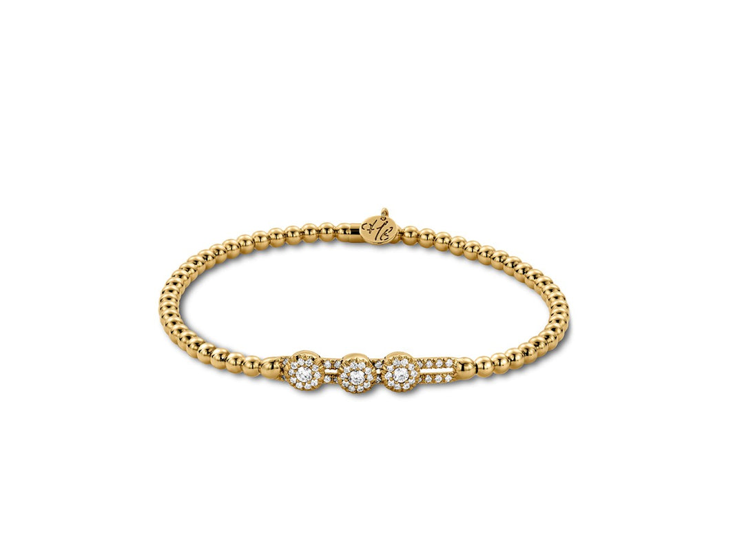 Hulchi Belluni 18K yellow gold beaded stretch bracelet with three diamond halo stations and diamond-set connecting bars