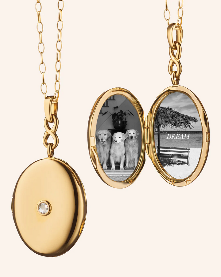 Infinity gold locket necklace shown closed with its center diamond and open with two photos inside