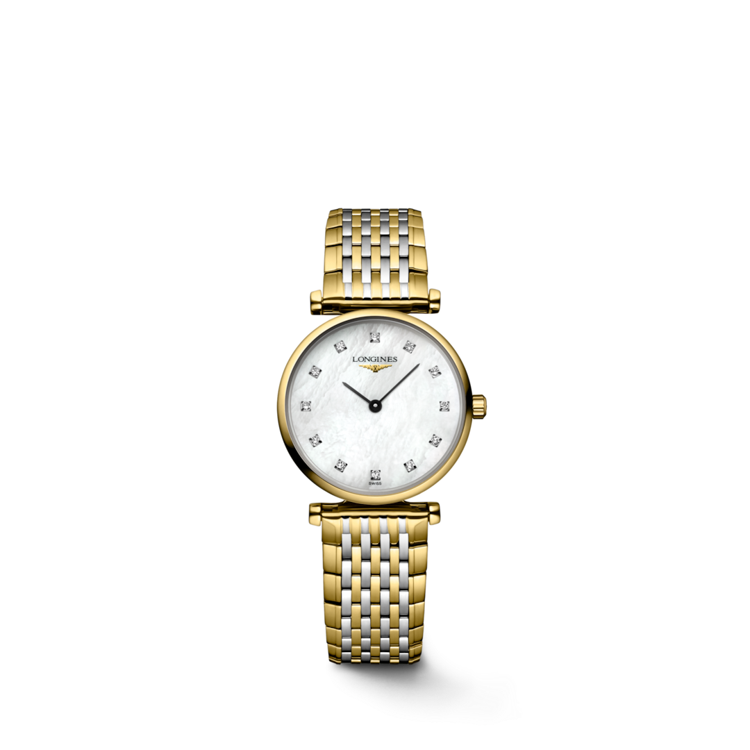 Close up front view of a La Grande Classique De LONGINES watch with an mother of pearl and diamond dial.