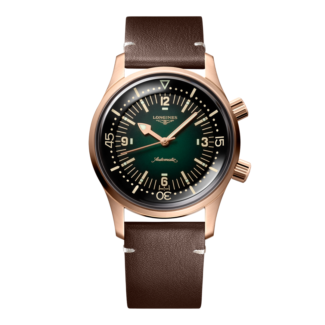 Close up front view of a LONGINES Legend Diver Bronze watch with a dark green dial and a brown leather strap.