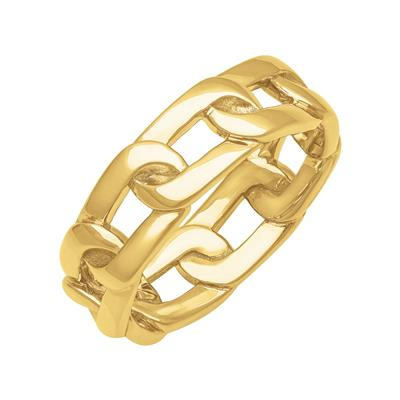 An angled view of a yellow gold wedding band against a white background. The ring features connecting yellow gold solid links.