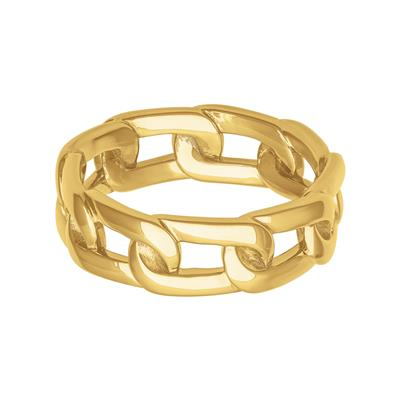 A front view of a yellow gold wedding band against a white background. The ring features connecting yellow gold solid links.