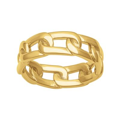 A tilted front view of a white gold wedding band against a white background. The ring features connecting yellow gold solid links.