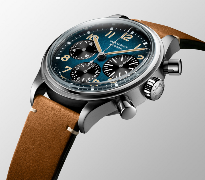 LONGINES Avigation BigEye L2.816.1.93.2 Petroleum Dial With Chronograph Pushers and Brown Leather Strap