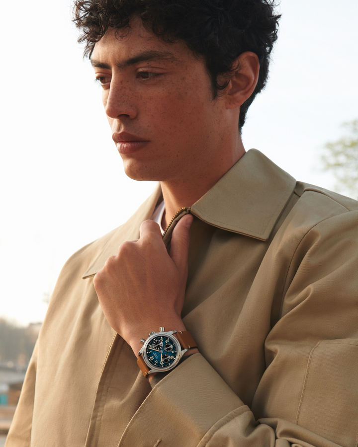 LONGINES Avigation BigEye L2.816.1.93.2 Brown Leather Strap Watch Worn on Wrist With Beige Jacket
