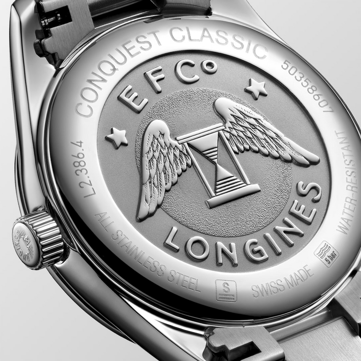 LONGINES Conquest Classic L2.386.4.88.6 Caseback Close-Up With Engraved Detail