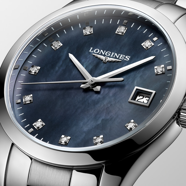 LONGINES Conquest Classic L2.386.4.88.6 Black Mother-of-Pearl Diamond Dial Close-Up
