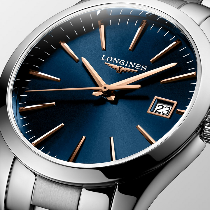 LONGINES Conquest Classic L2.386.4.92.6 Blue Dial Close-Up With Pink Hands and Date Window