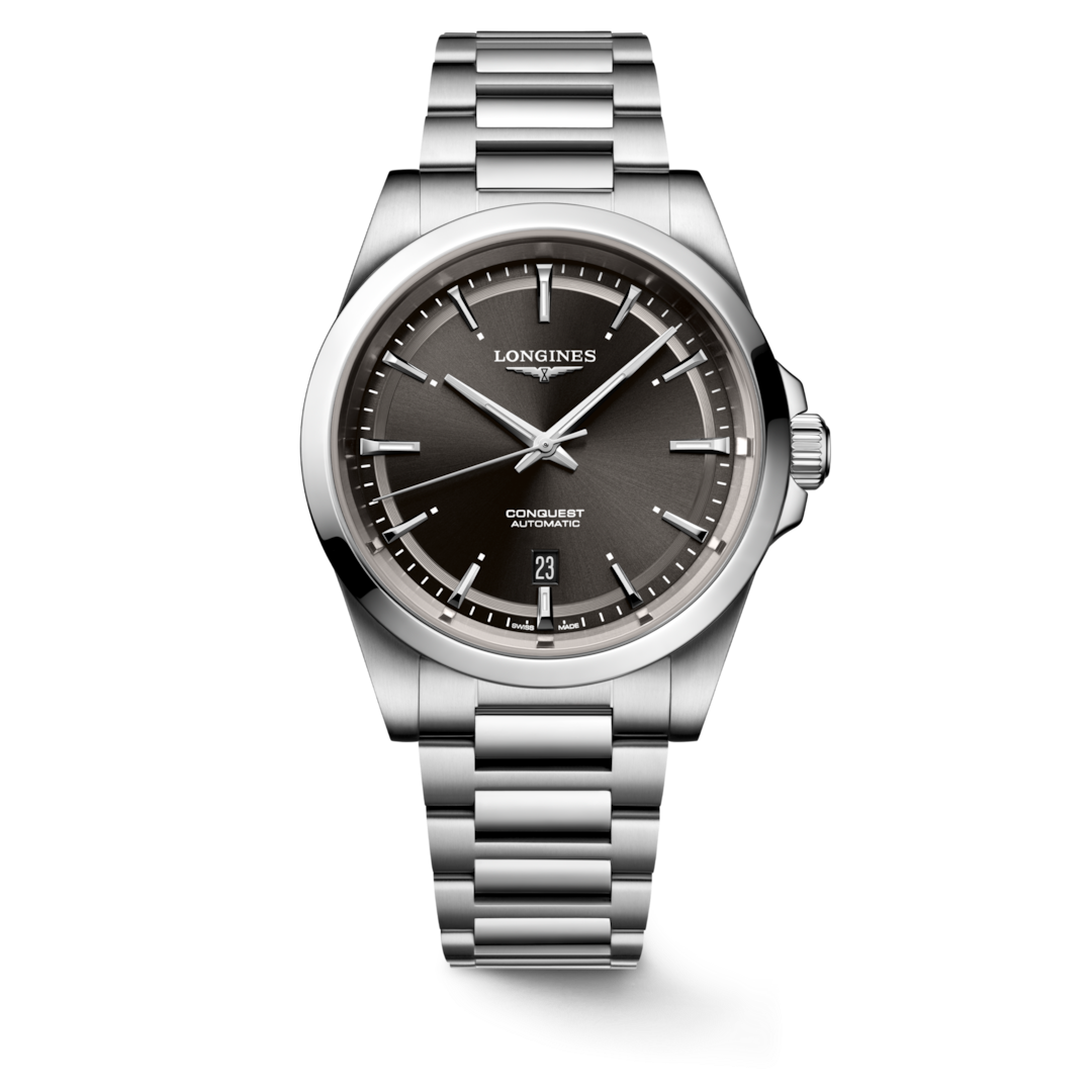 LONGINES Conquest watch shown from the front with a dark dial, silver-tone hands and stainless steel bracelet.