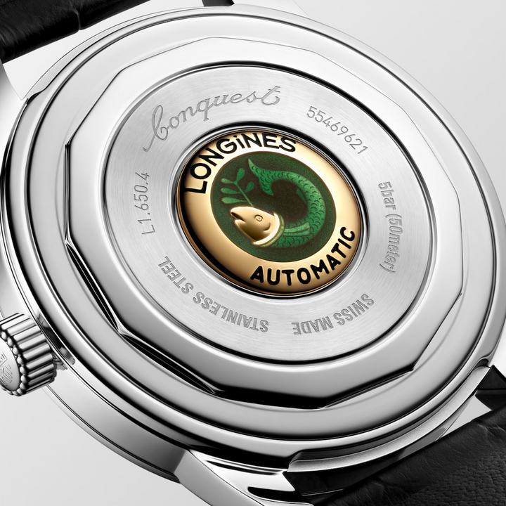 LONGINES Conquest Heritage L1.650.4.92.2 Caseback Close-Up With 18K Gold Fish Medallion