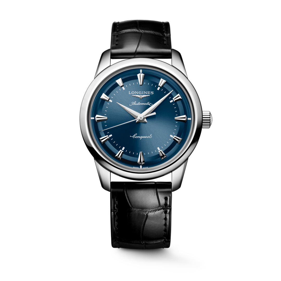 LONGINES Conquest Heritage L1.650.4.92.2 40mm Watch With Blue Dial and Black Leather Strap