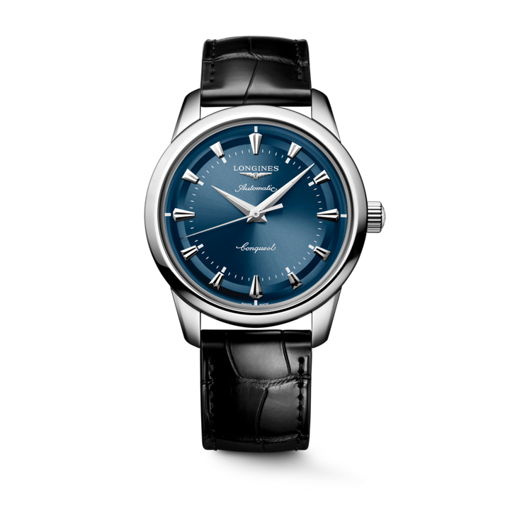 LONGINES Conquest Heritage L1.650.4.92.2 40mm Watch With Blue Dial and Black Leather Strap