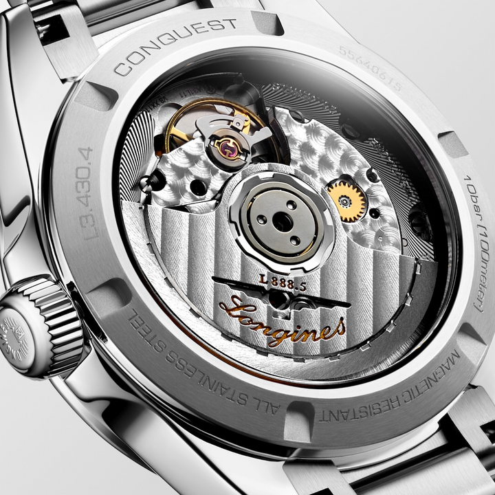 LONGINES Conquest L3.430.4.99.6 Transparent Caseback Close-Up With Automatic Movement