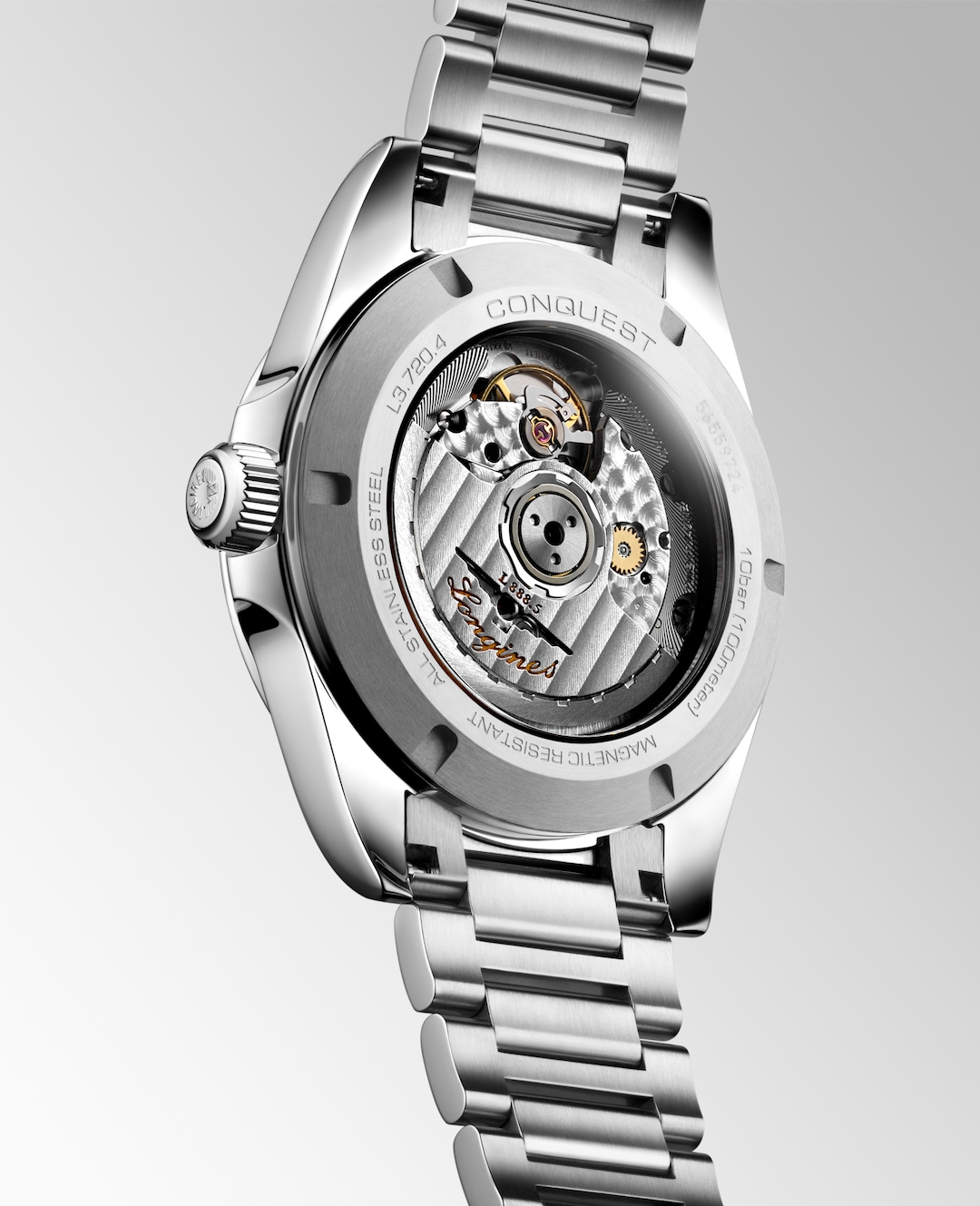 LONGINES Conquest L3.720.4.92.6 Transparent Caseback and Stainless Steel Bracelet Detail